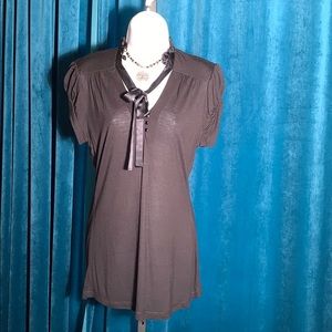 Guess Black Top with Satin Ruffle Collar and Tie